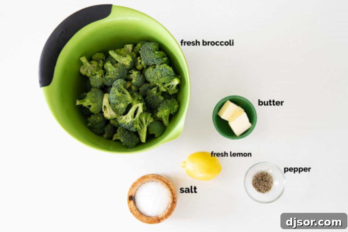 fresh ingredients for lemon broccoli including broccoli florets, lemons, and butter