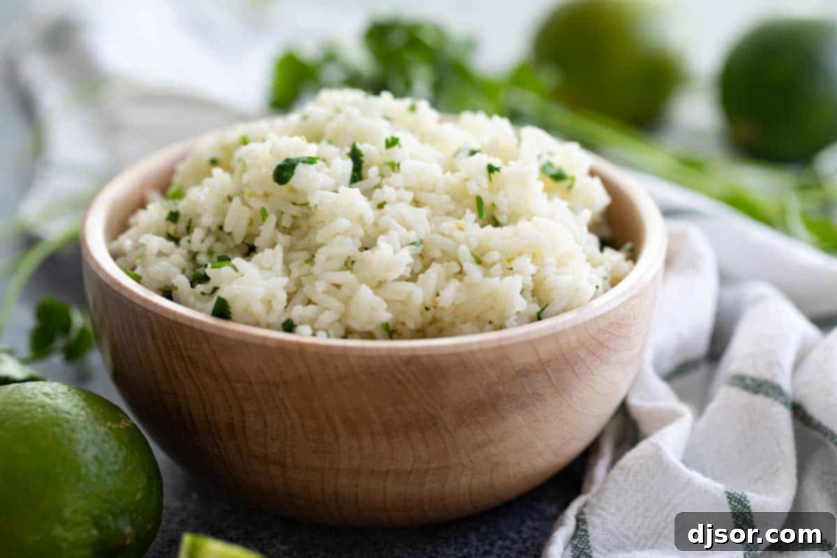 A beautifully presented bowl of fresh Cilantro Lime Rice, ready to be served as a flavorful side dish.