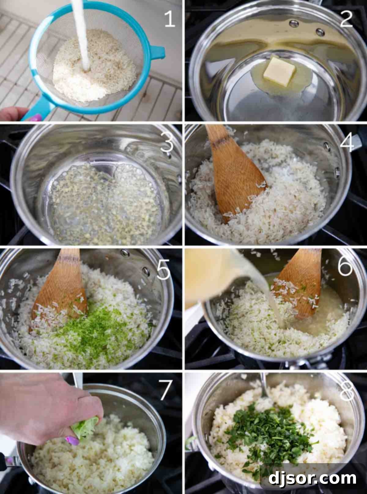 Step-by-step photos showing the process of making cilantro lime rice, from rinsing rice to fluffing the finished dish.