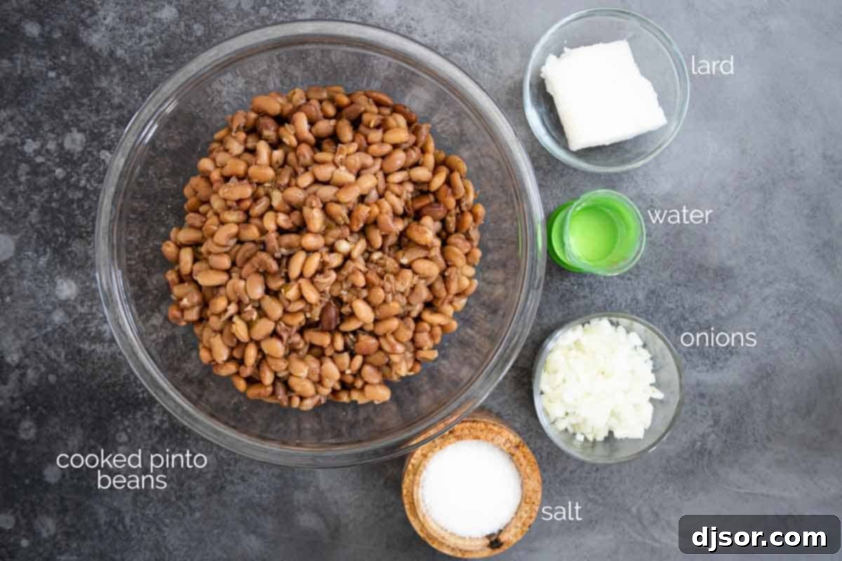 A simple array of ingredients for homemade refried beans, including cooked pinto beans, chopped onion, and various fats.