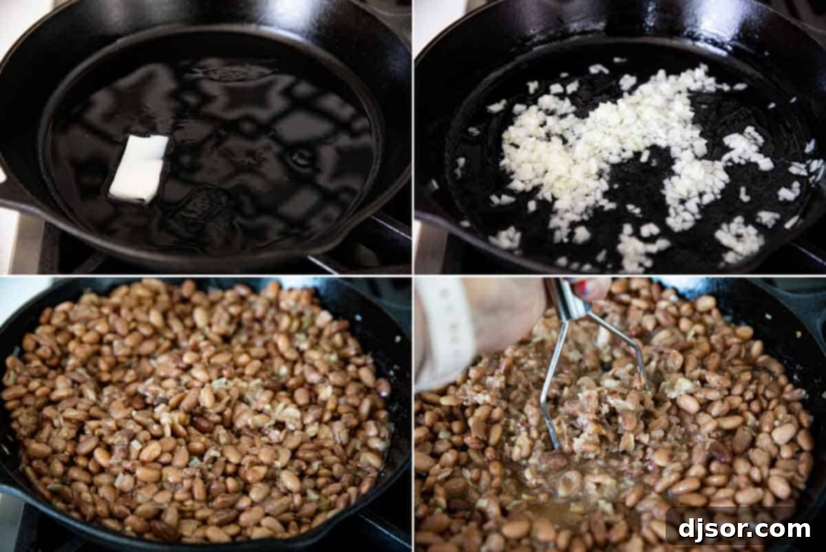 A series of step-by-step images illustrating the process of making homemade refried beans in a skillet, from cooking onions to mashing beans.