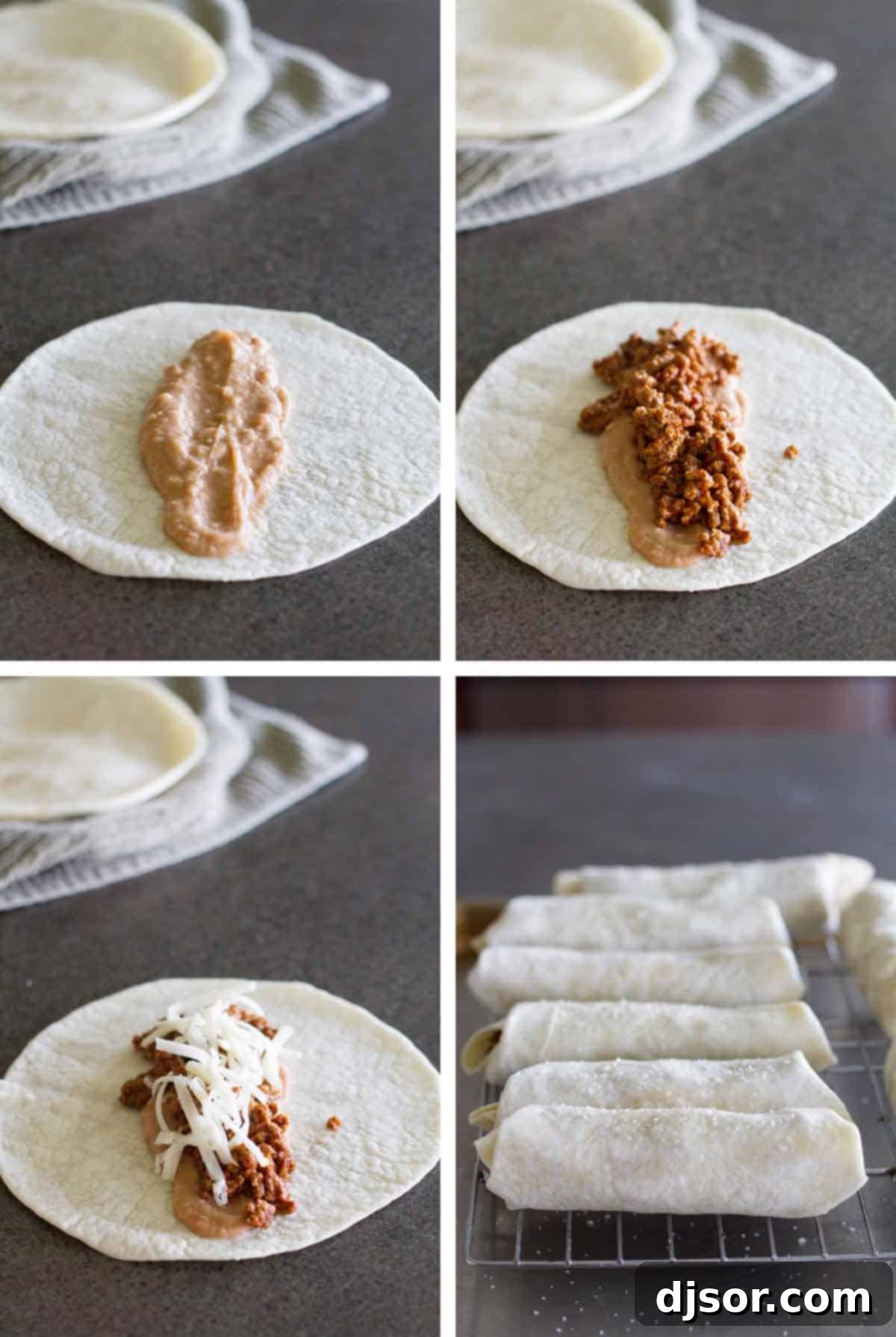 A step-by-step visual guide showing how to prepare and roll Baked Mexican Egg Rolls, from filling tortillas to arranging them on a baking rack.