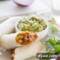 plate with Baked Mexican Egg Rolls and Enchilada Guacamole