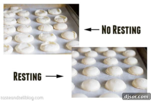 Strawberry Colada Macarons - Coconut French macarons are sandwiched with strawberry buttercream in these light meringue cookies. A side-by-side comparison of macaron shells: one batch appears cracked and flat (unrested), while the other boasts smooth tops and distinct 'feet' (rested).