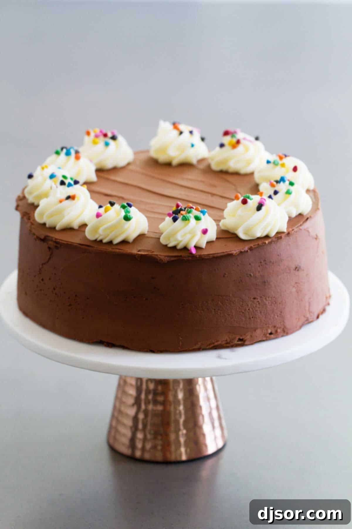 The perfect Double Chocolate Cake: moist, rich, and topped with decadent fudge frosting. A stunning Double Chocolate Cake presented on an elegant pedestal stand, ready to be served.