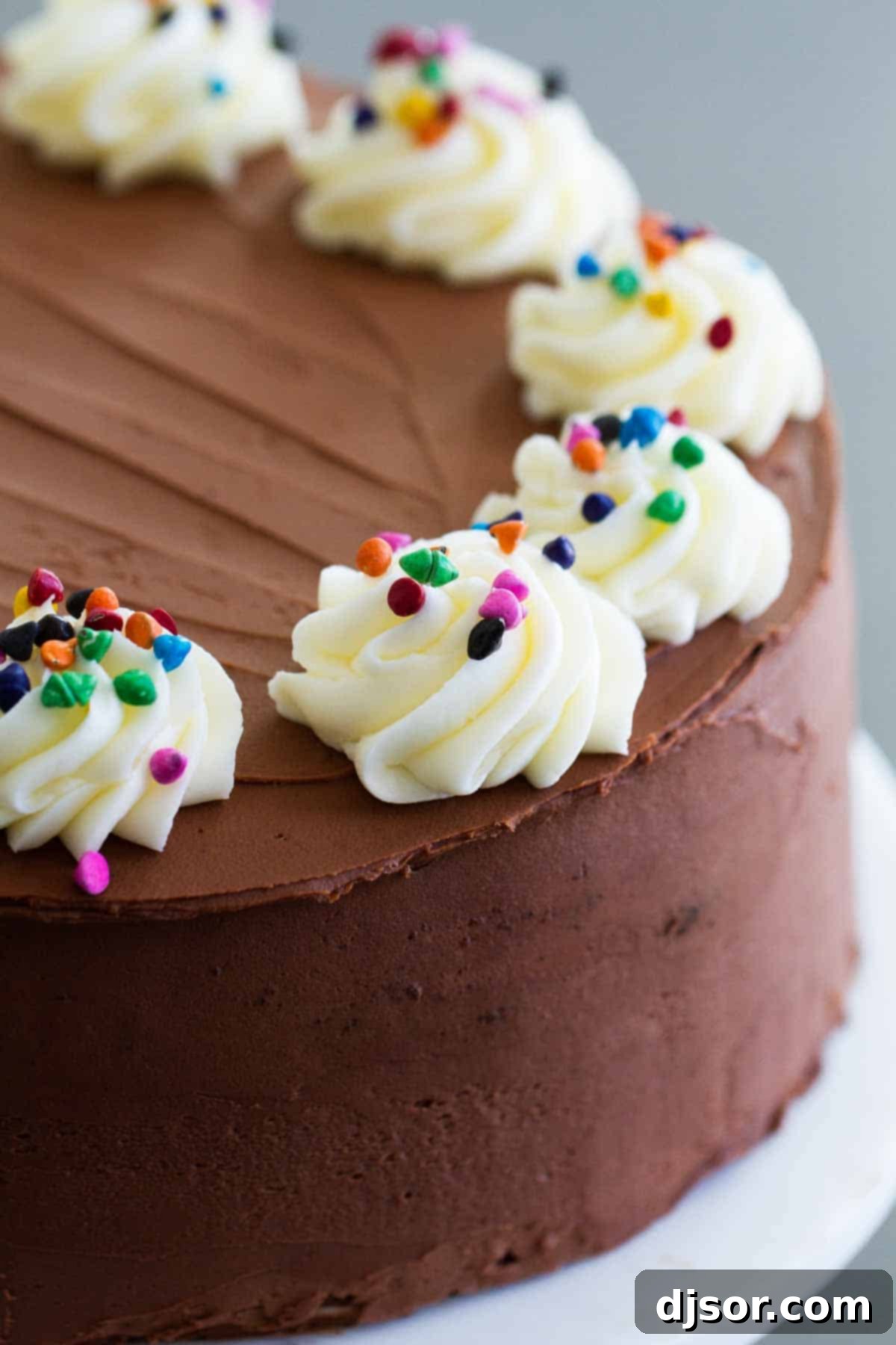 Close-up of a decadent Double Chocolate Cake slice, highlighting the rich frosting and moist crumb. A close-up view of a slice of Double Chocolate Cake, showcasing its moist texture and generous layer of fudge frosting.