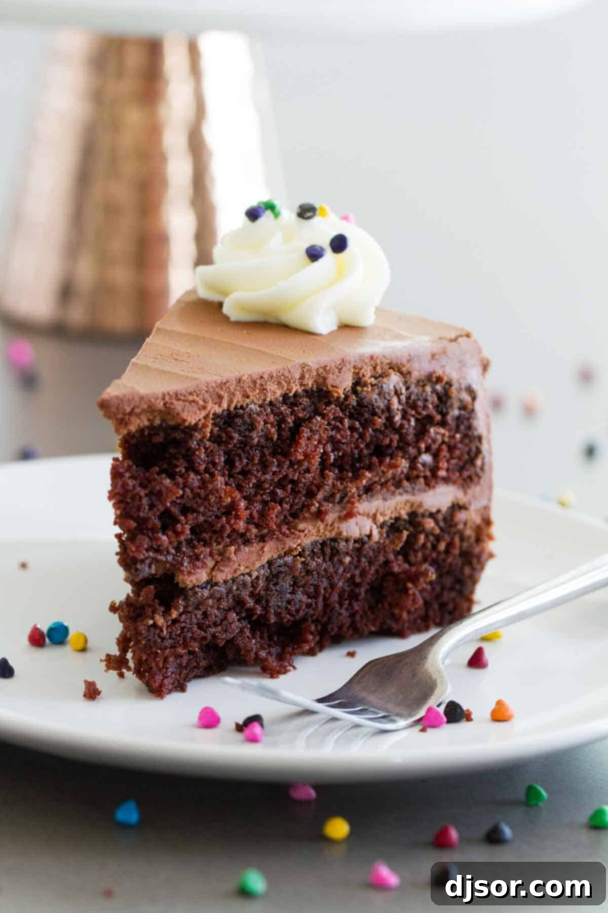 A perfect slice of double chocolate cake on a plate, ready to enjoy. A single slice of Double Chocolate Cake served on a white plate, highlighting its inviting layers and rich frosting.