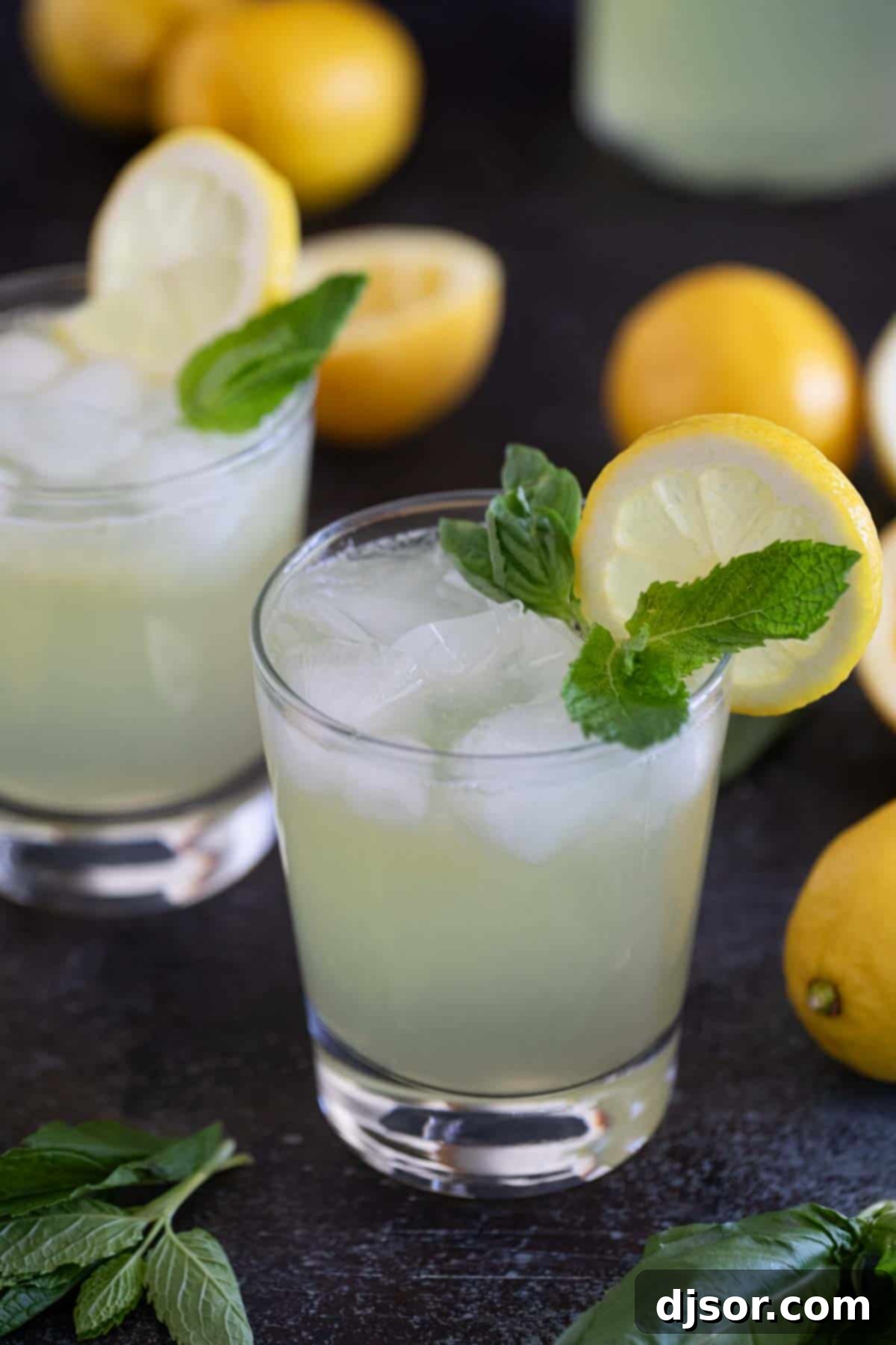 Refreshing Mint Basil Lemonade 7 Glass of Mint and Basil Lemonade topped with fresh mint and basil.