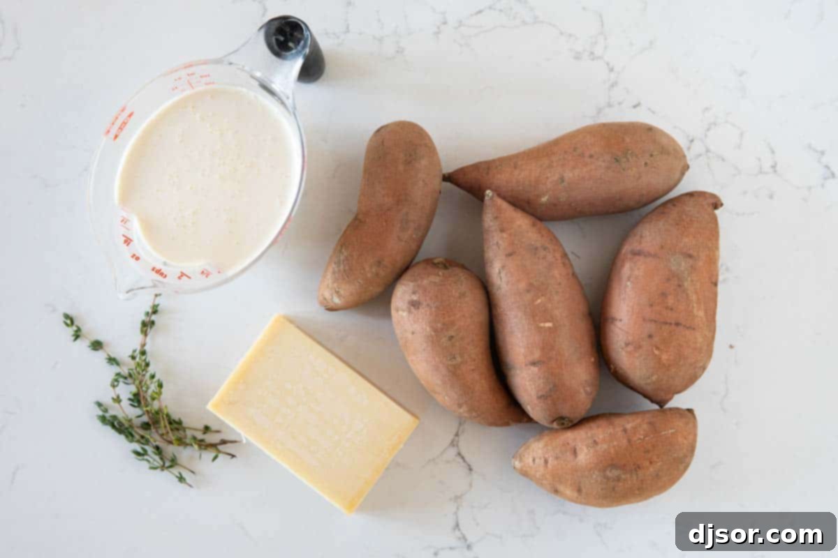 Creamy and cheesy, these Scalloped Sweet Potatoes are an easy addition to any holiday table. Layers or slice sweet potatoes are covered in cream and cheese in this indulgent savory side dish. Collection of fresh ingredients for making scalloped sweet potatoes, including sweet potatoes, cream, thyme, and Gruyere cheese.