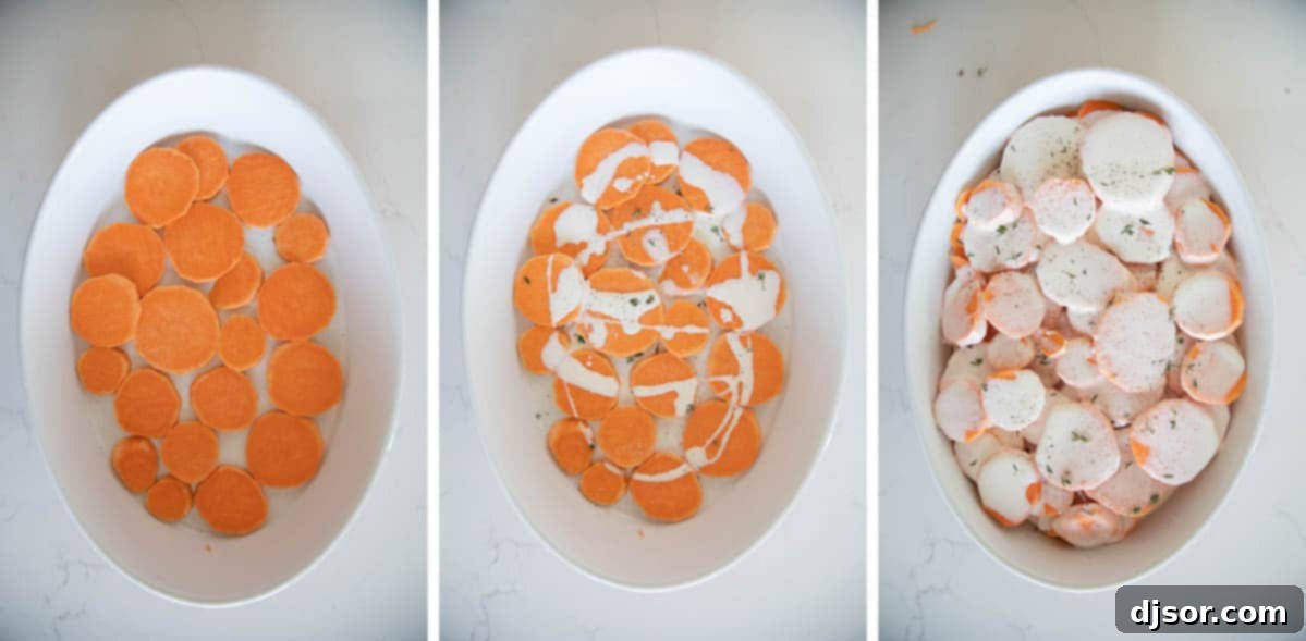 Creamy and cheesy, these Scalloped Sweet Potatoes are an easy addition to any holiday table. Layers or slice sweet potatoes are covered in cream and cheese in this indulgent savory side dish. Three step-by-step photos illustrating the layering process for scalloped sweet potatoes in a baking dish.