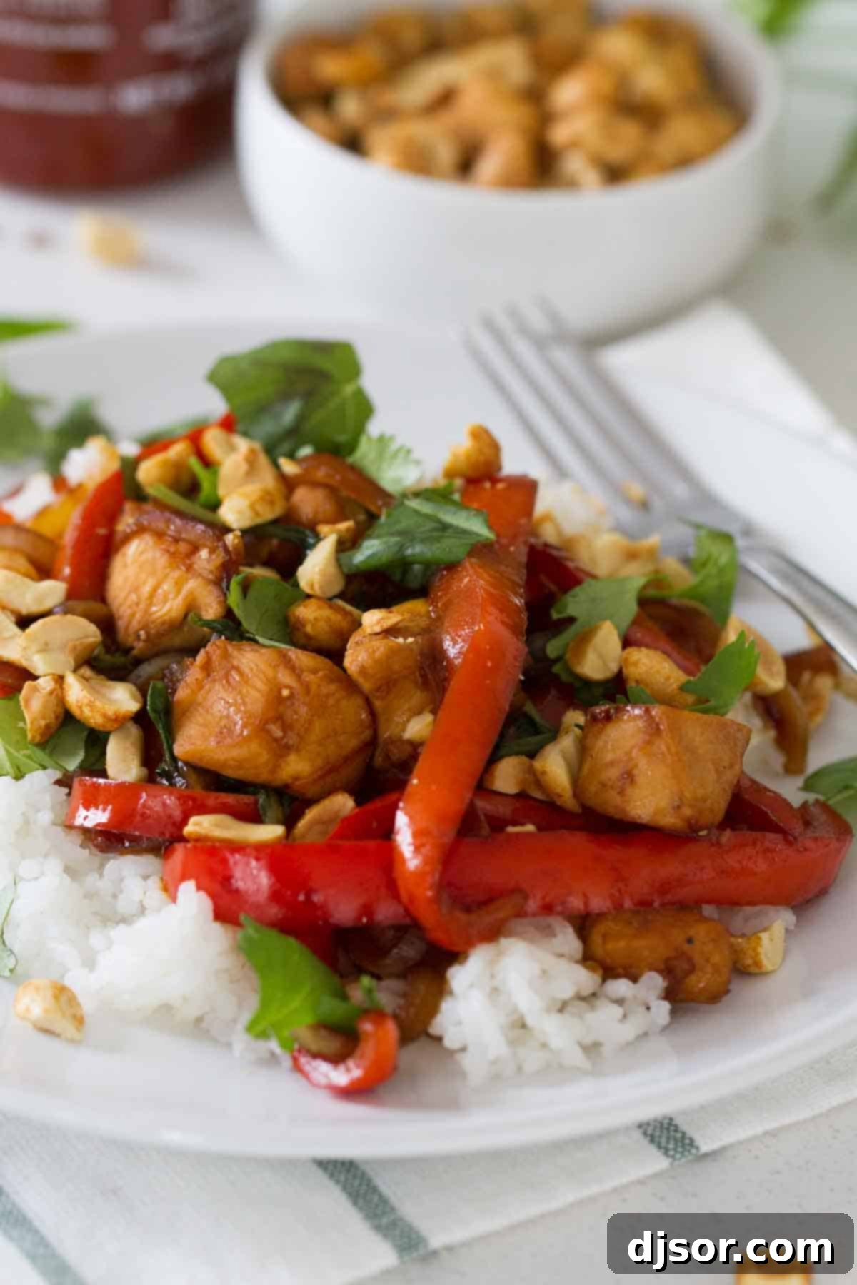 Thai Chili Chicken 2 Spicy Thai Chicken served over fluffy white rice and generously topped with chopped peanuts and fresh cilantro. The vibrant colors of the bell peppers and basil are prominent.