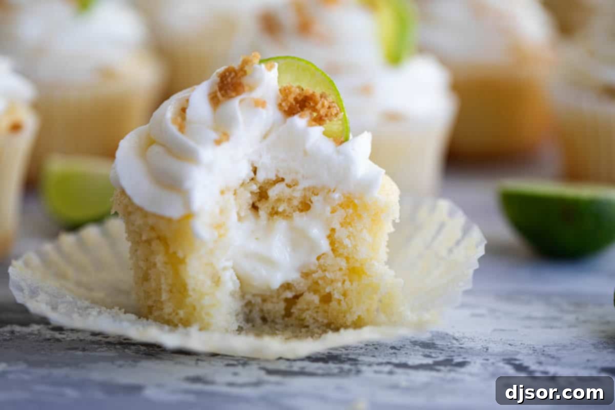 Step-by-step image showing a cupcake with a cone-shaped core removed, ready to be filled with key lime filling.