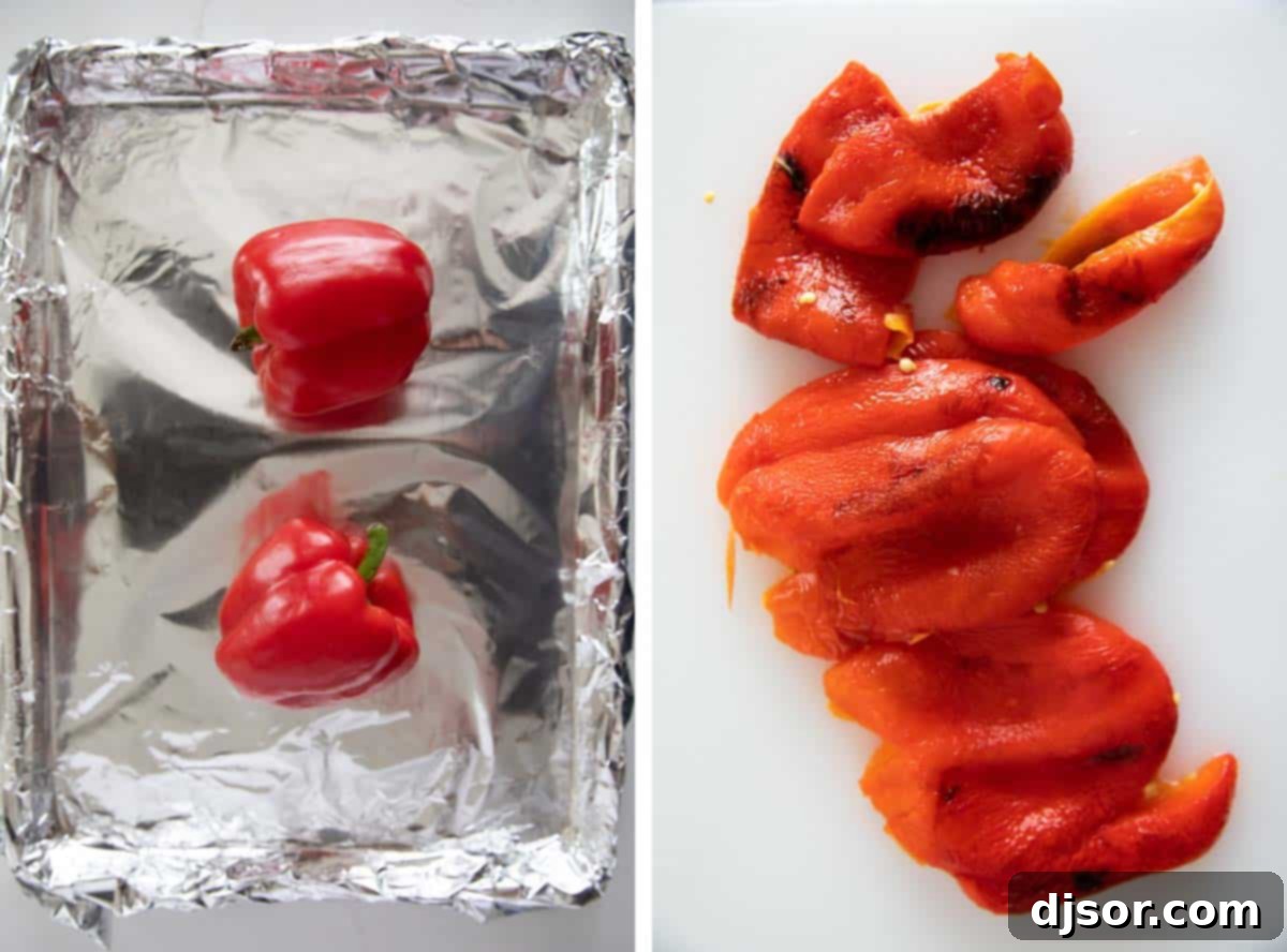 Fresh red bell peppers being roasted on a baking sheet, creating a smoky base for hummus. Red bell peppers charring on a baking sheet, ready for roasting for hummus.