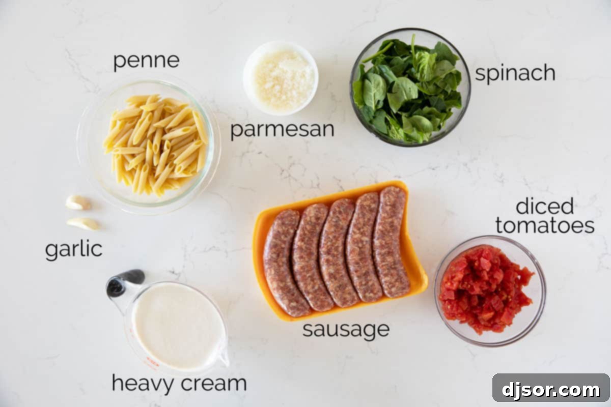 Ingredients needed to make Tuscan Pasta with Sausage.