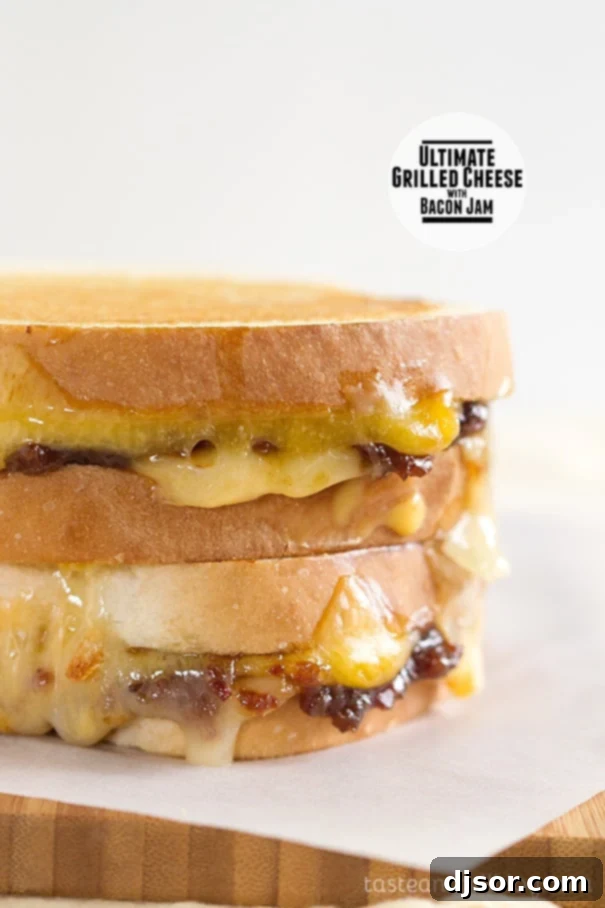 Ultimate Grilled Cheese with Bacon Jam on Taste and Tell - Golden-brown bread, melted cheese, and a generous layer of bacon jam