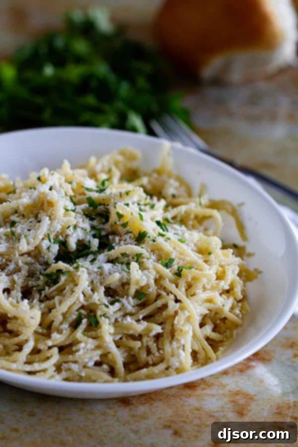 A delectable bowl of Mizithra Cheese Pasta, garnished with fresh parsley, ready to be enjoyed.