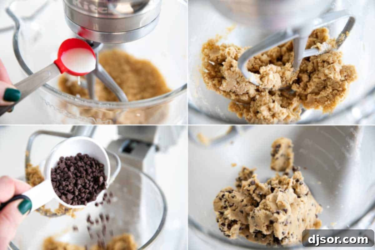 This Chocolate Chip Cookie Dough Dip is a sweet cream cheese dip that is loaded with balls of egg-free cookie dough. Serve with graham crackers, vanilla wafers, or pretzel crisps. making cookie dough for chocolate chip cookie dough dip