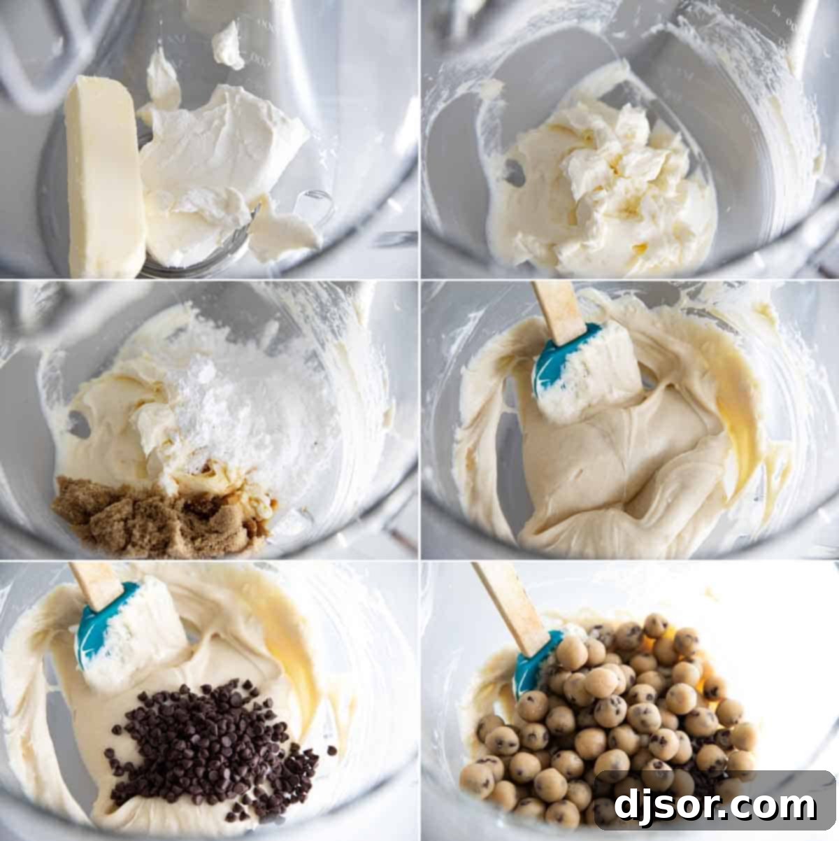 This Chocolate Chip Cookie Dough Dip is a sweet cream cheese dip that is loaded with balls of egg-free cookie dough. Serve with graham crackers, vanilla wafers, or pretzel crisps. steps to make chocolate chip cookie dough dip