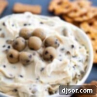 Heavenly Chocolate Chip Cookie Dough Dip 2 bowl of chocolate chip cookie dough dip with pretzels and graham crackers