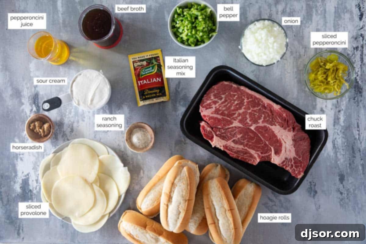 Chicago's Iconic Italian Beef 3 Ingredients for Italian Beef Sandwiches laid out on a counter.