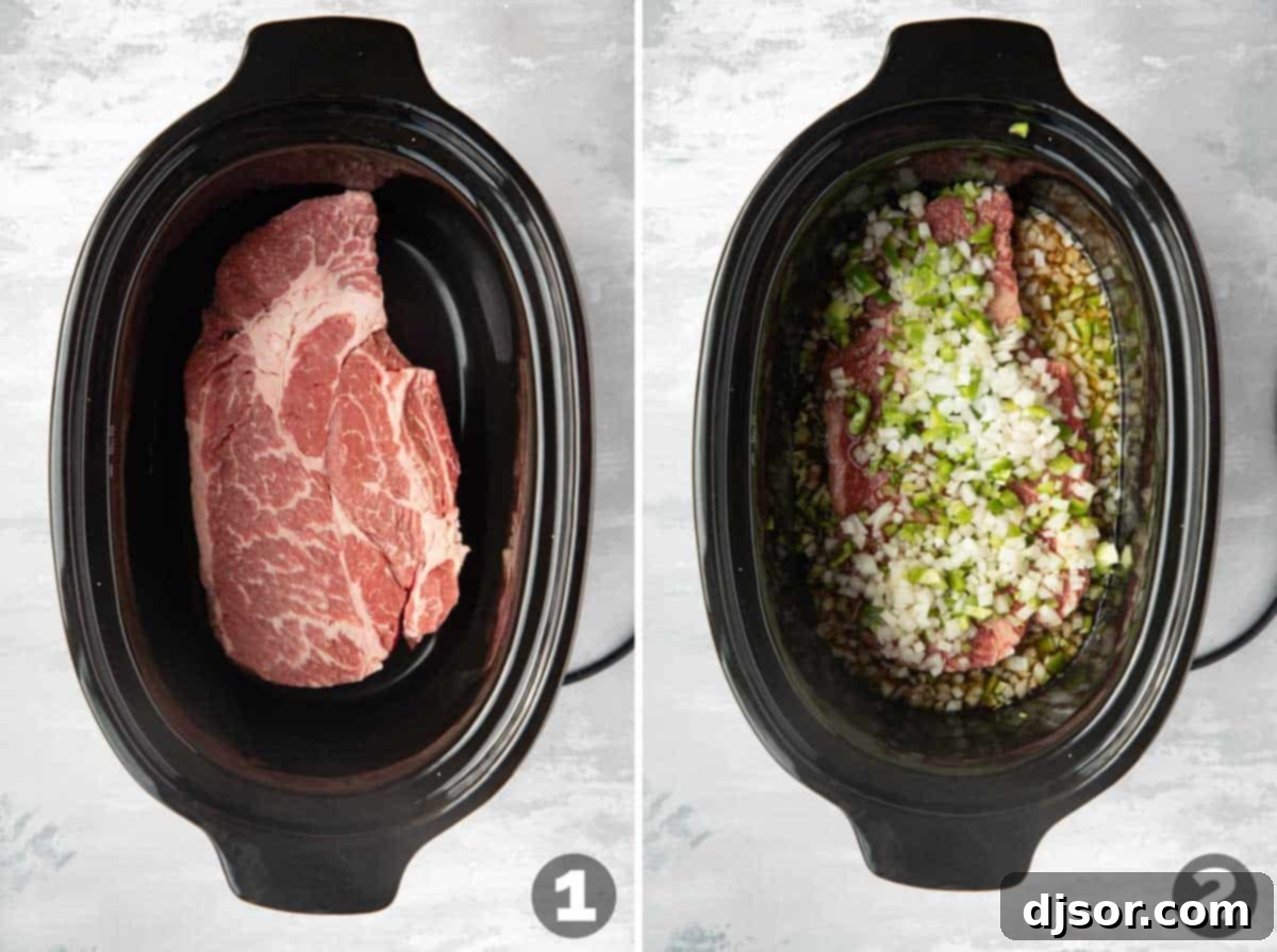 Chicago's Iconic Italian Beef 4 A chuck roast cooking in a slow cooker, illustrating the first step of the recipe.