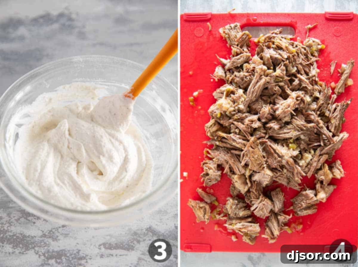 Chicago's Iconic Italian Beef 5 Two images: one showing the Ranch Horseradish sauce being mixed, and the other showing shredded beef.