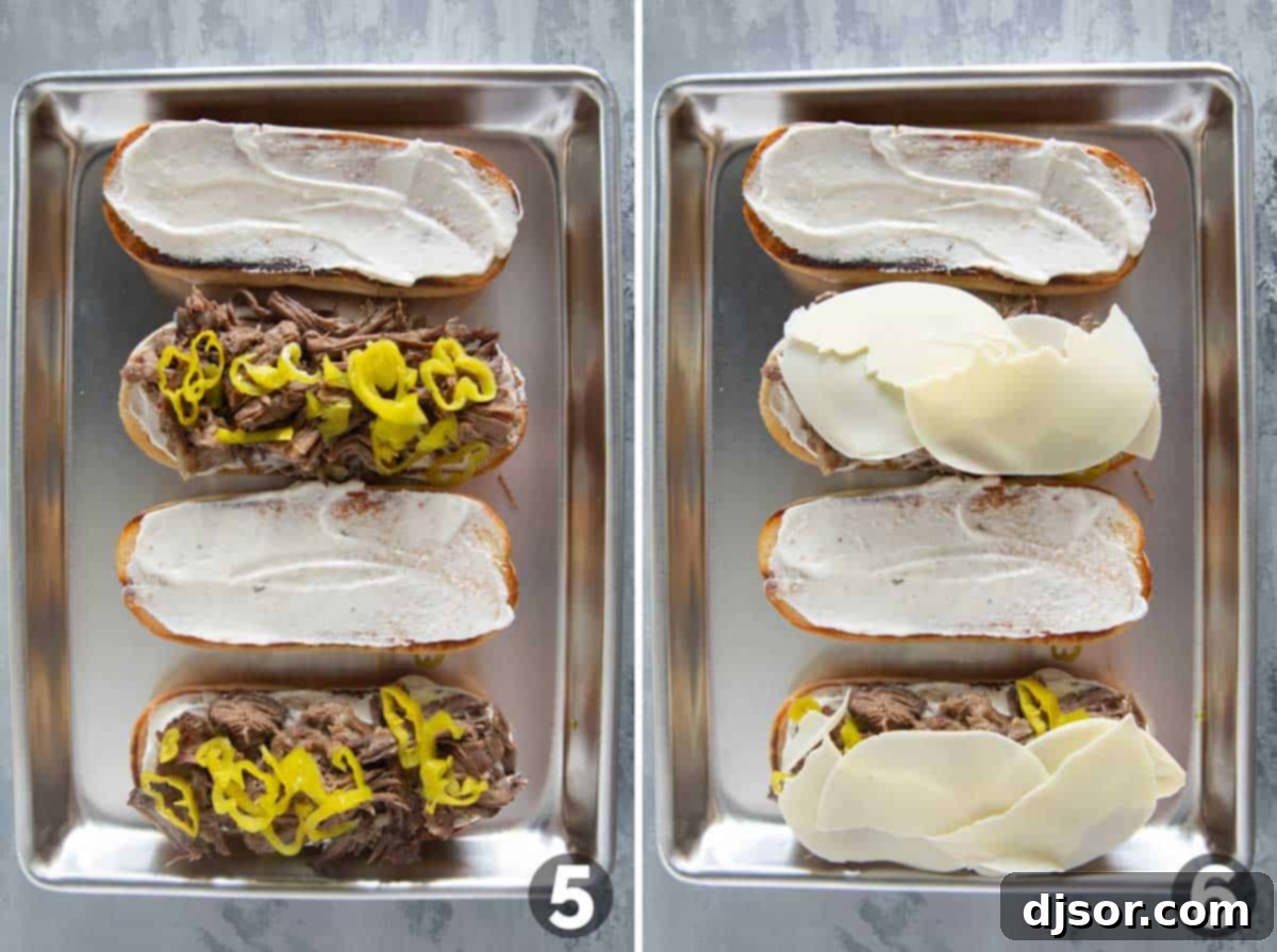 Chicago's Iconic Italian Beef 6 Assembling Italian Beef Sandwiches with sauce, beef, peppers, and cheese.