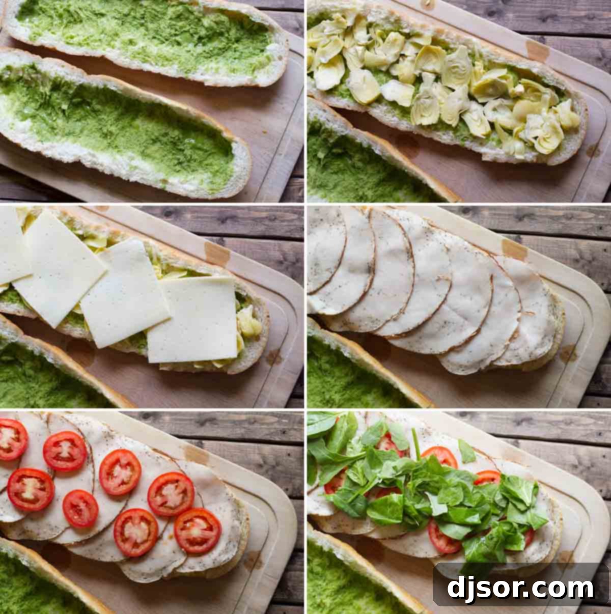 French bread is stuffed with artichoke hearts, turkey and vegetables and then slathered with an easy basil sauce in this easy Turkey Sub with Artichokes and Basil that’s perfect for a picnic or for dinner. Close-up shots illustrating the preparation stages of a turkey sub with artichokes and basil. One image shows the French bread halved and hollowed, another displays the vibrant green basil sauce spread evenly, and a third highlights the careful layering of ingredients like turkey, cheese, and vegetables inside the bread, capturing the essence of assembling a delicious, gourmet sandwich.