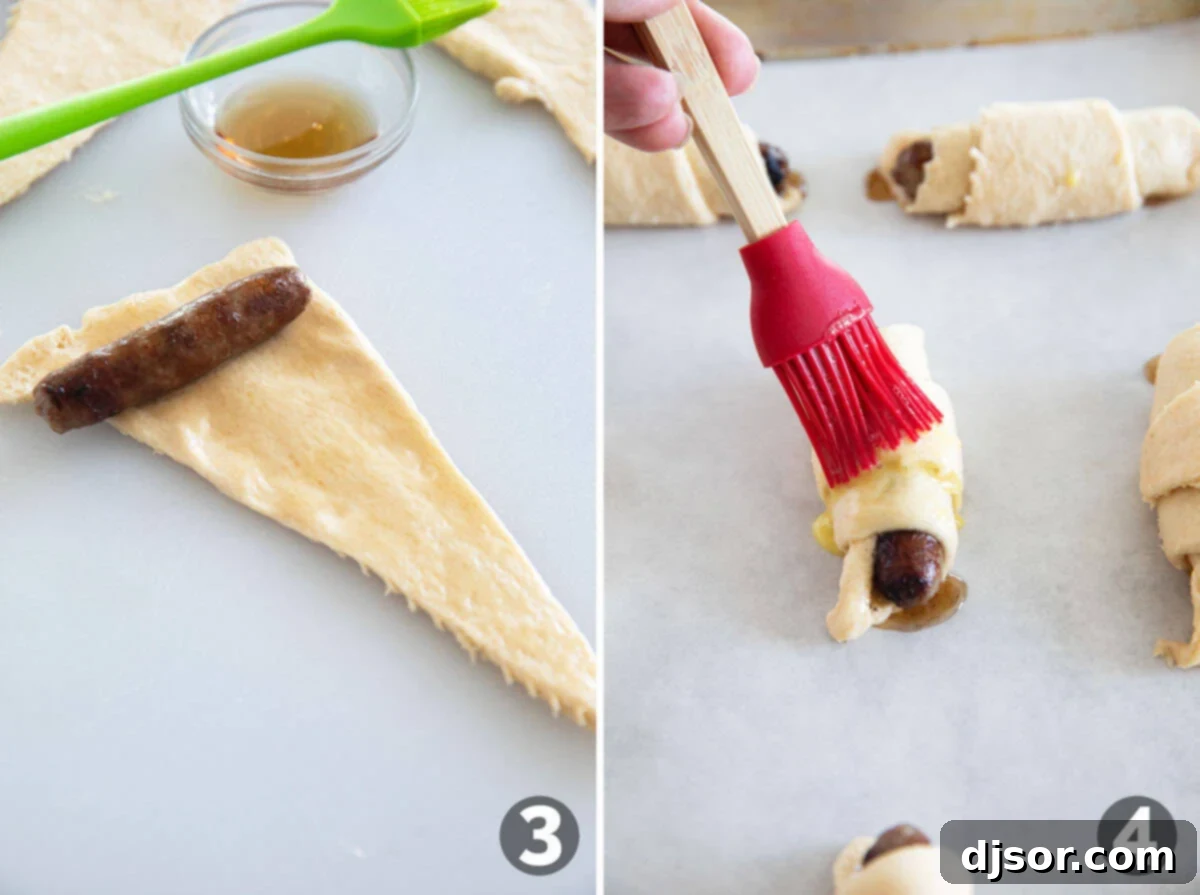 Fluffy Breakfast Sausage Rolls 5 A hand rolling a breakfast sausage in crescent dough, and another image showing the rolled sausages brushed with egg wash and sprinkled with poppy seeds on a baking sheet, ready for the oven.