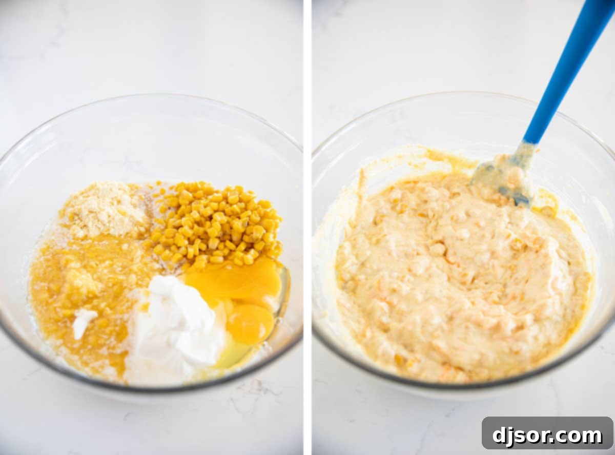 Ingredients mixed together to make corn casserole batter.