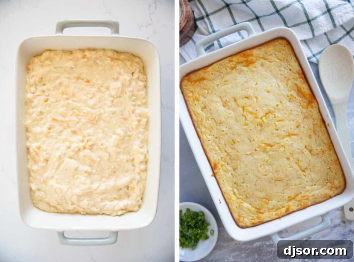 Corn casserole batter in a baking dish on the left, and the dish with the baked corn casserole on the right.
