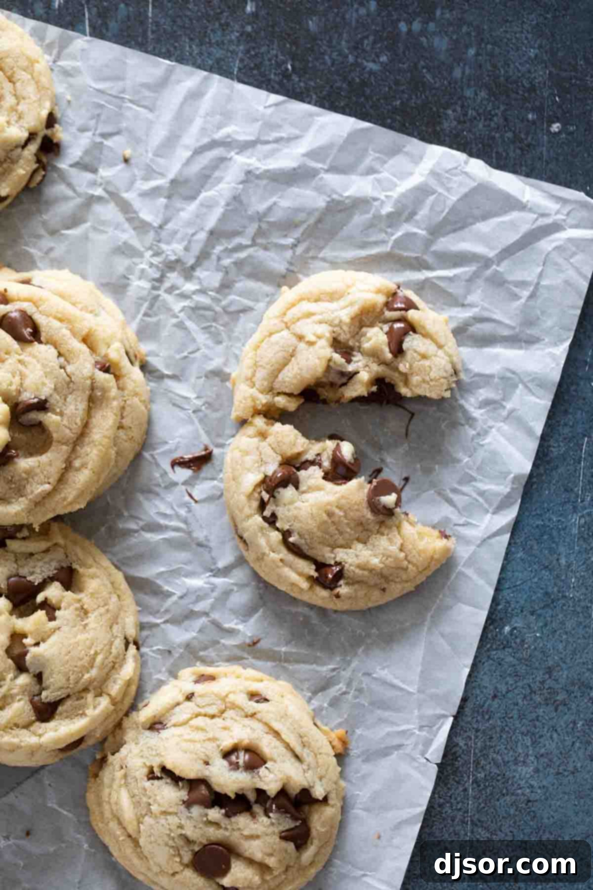 Delicious chocolate chip cookies ready to be enjoyed. A plate of chocolate chip cookies, with one broken in half to show its soft texture.