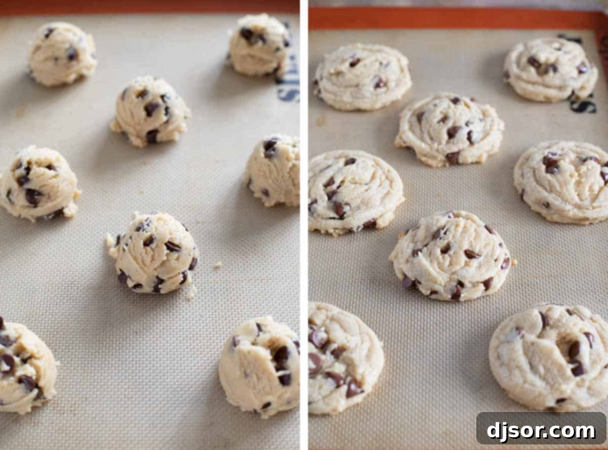 Scooping cookie dough and preparing for baking. Cookie dough balls scooped onto a baking sheet, ready for the oven.