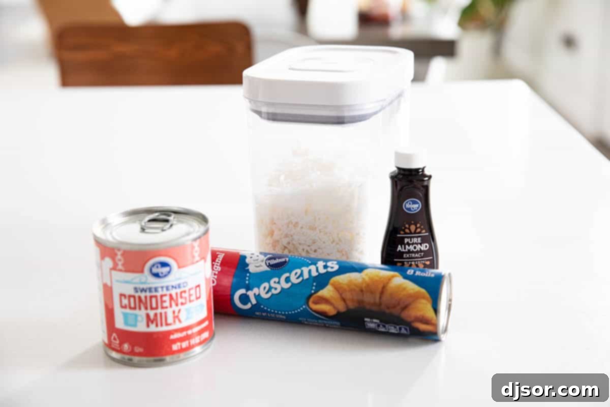 Simple ingredients for quick and tasty coconut bars Four ingredients for making coconut bars: sweetened flaked coconut, a can of sweetened condensed milk, almond extract, and a tube of refrigerated crescent rolls.