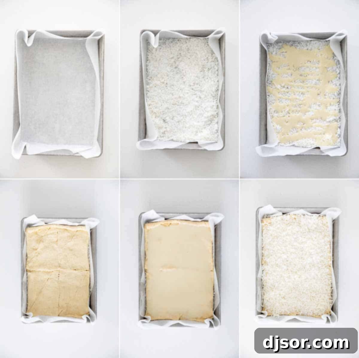 Visual guide to assembling your easy coconut bars Steps to assemble 4-ingredient coconut bars: spreading coconut, drizzling condensed milk mixture, laying crescent dough, and topping with more coconut and milk mixture.