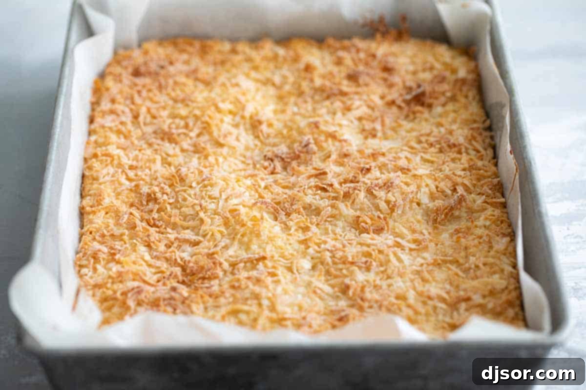 Golden-brown coconut bars fresh from the oven Pan of freshly cooked golden-brown coconut bars