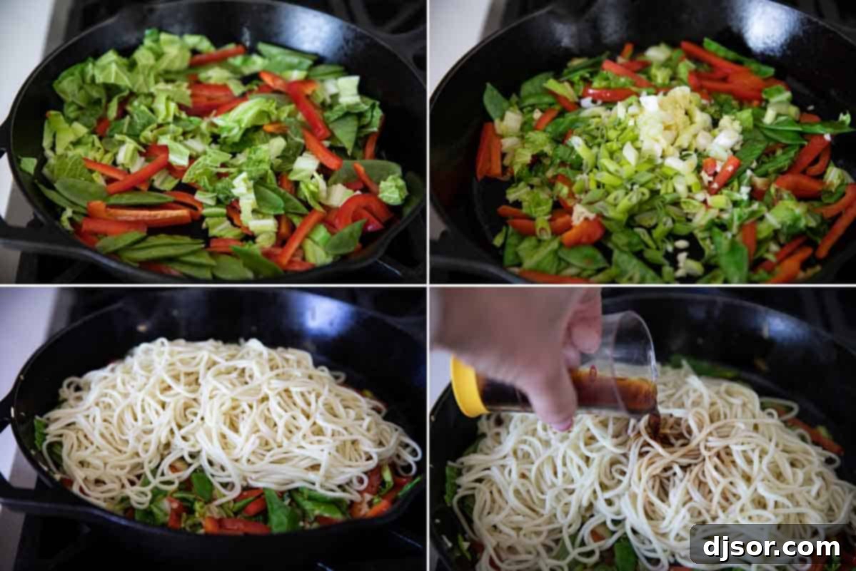 A visual step-by-step guide to making Lo Mein, showing vegetables being stir-fried, noodles added, and sauce being tossed in a wok.