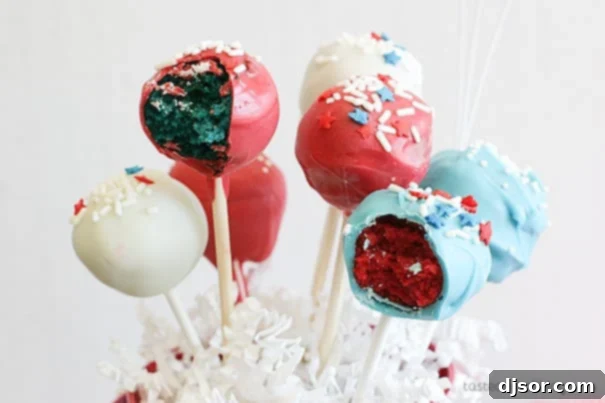 Fourth of July Red and Blue Velvet Cake Pops 3 Close-up of freshly made Red and Blue Velvet Cake Pops, ready for a patriotic celebration