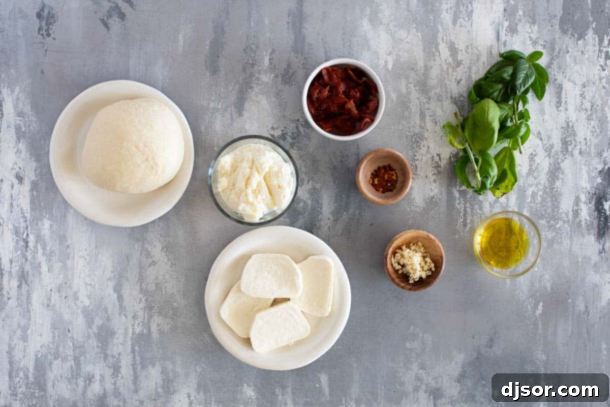 Fire-Kissed Bacon & Basil Bianca Pizza 3 Ingredients for Grilled White Pizza with Bacon and Basil, neatly arranged on a wooden board.