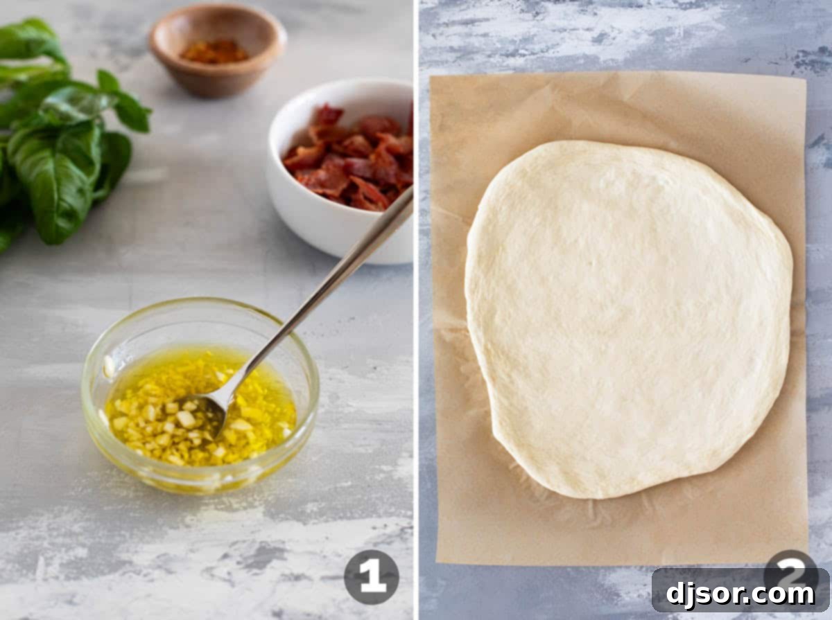 Fire-Kissed Bacon & Basil Bianca Pizza 4 Close-up of minced garlic infusing in olive oil and pizza dough being stretched on parchment paper.