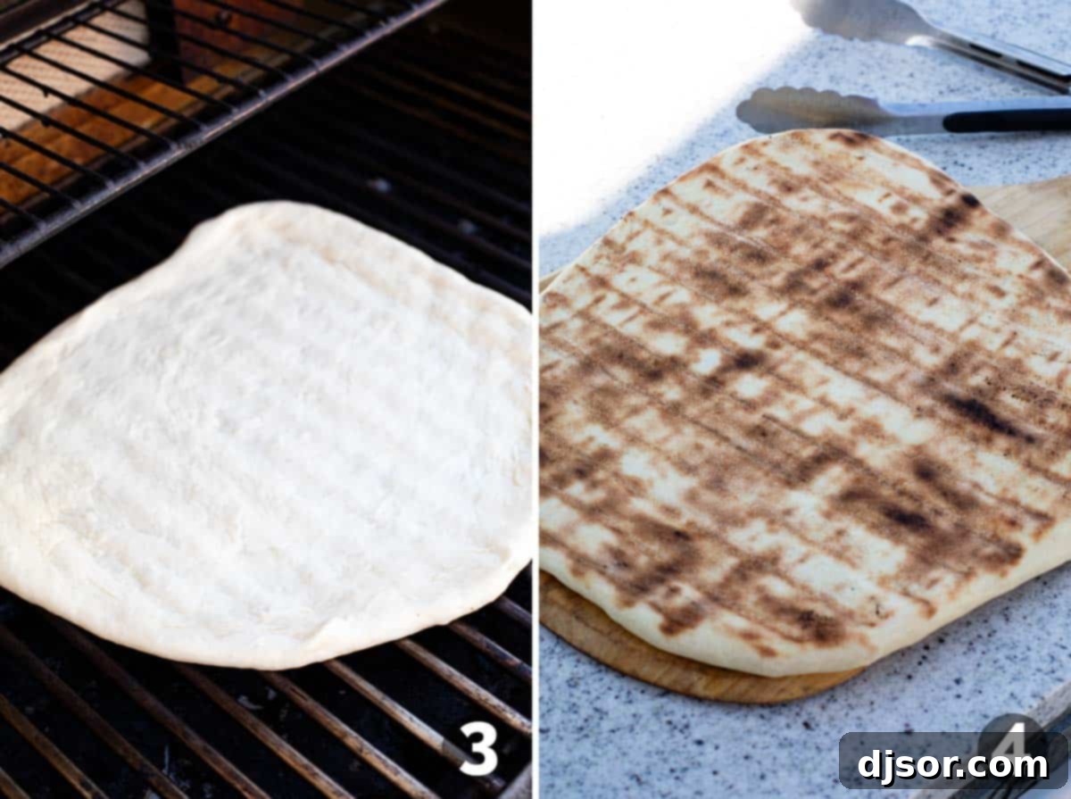 Fire-Kissed Bacon & Basil Bianca Pizza 5 Pizza dough grilling on one side, then being flipped to add toppings.