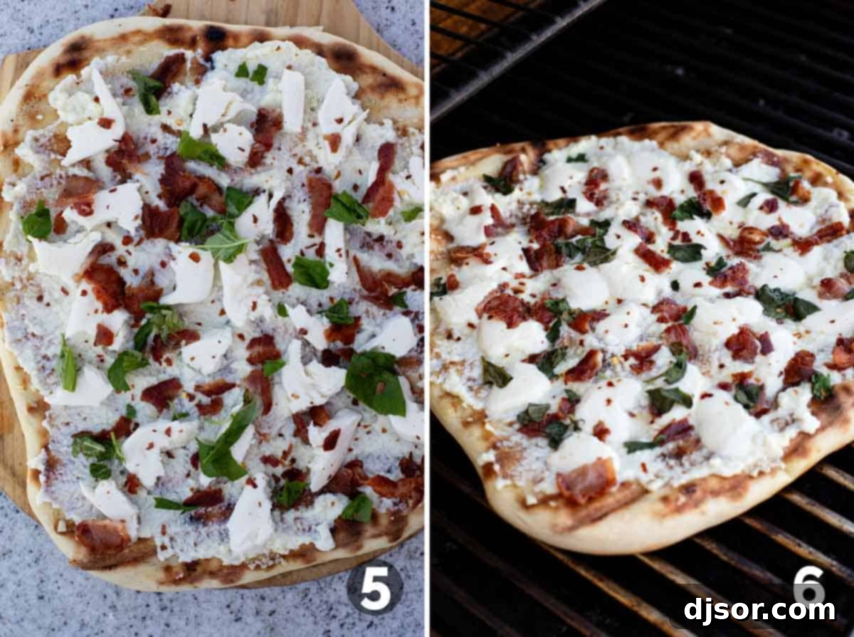 Fire-Kissed Bacon & Basil Bianca Pizza 6 Adding toppings to the grilled pizza dough and then the pizza cooking on the grill.