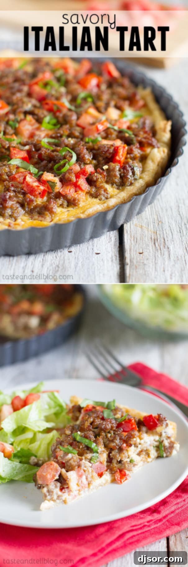 Close-up of the Savory Italian Tart, showcasing the rich, cheesy filling with visible pieces of Italian sausage and vibrant diced tomatoes.