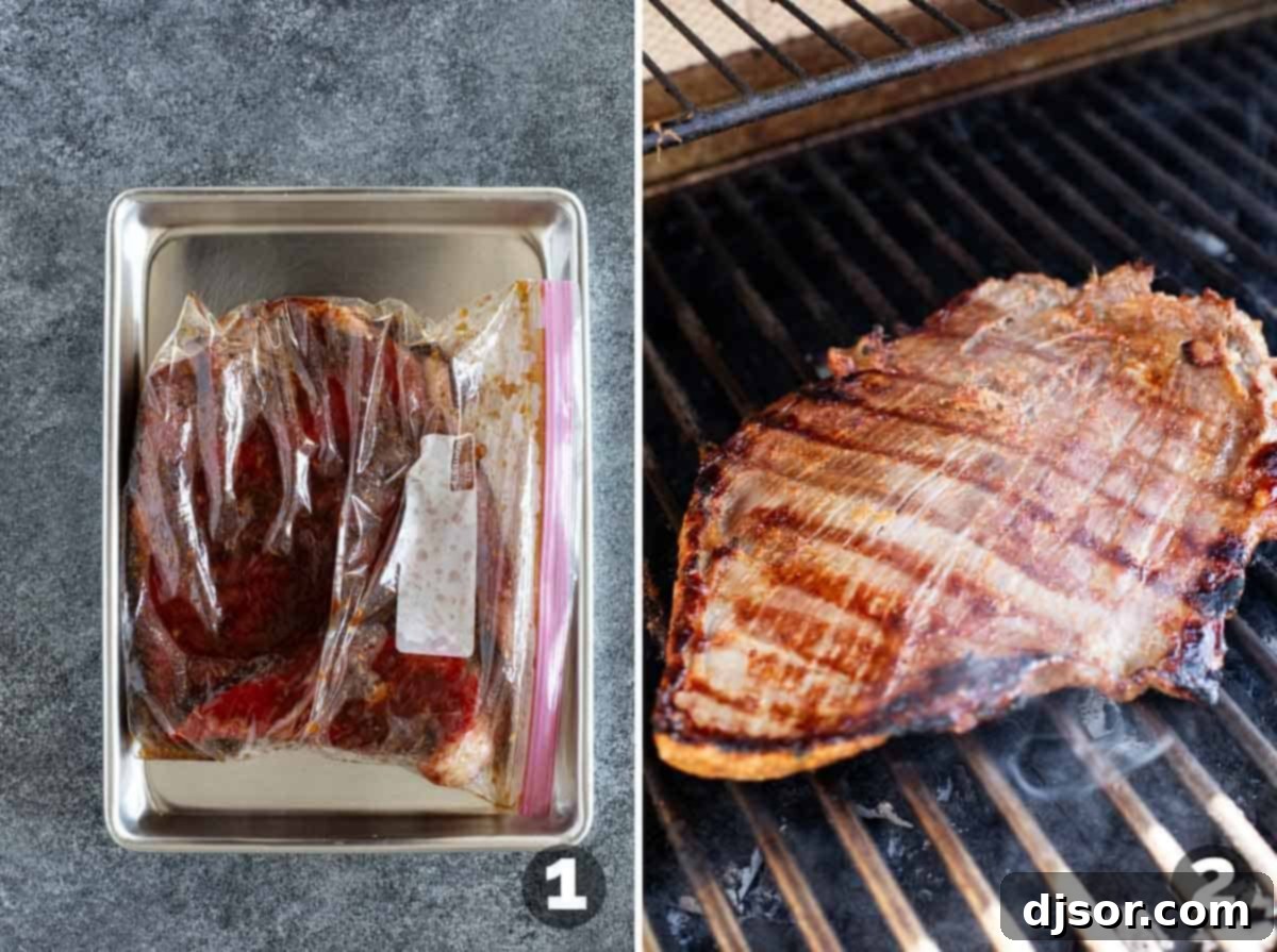 A visual step-by-step guide illustrating the process of preparing Korean Flank Steak, from mixing the marinade to placing the steak on the grill.