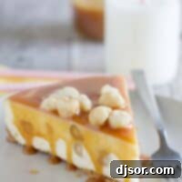 Creamy White Chocolate Cheesecake with Caramel Drizzle and Macadamia Crunch 2 slice of white chocolate cheesecake covered in caramel and topped with macadamia nuts