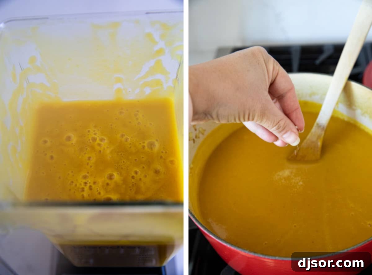 Curried butternut squash soup being blended until smooth with an immersion blender, and then seasoned with salt.