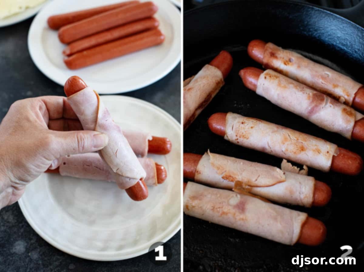Havana Hot Dogs 4 Wrapping hot dogs with ham and cooking in a cast iron pan.