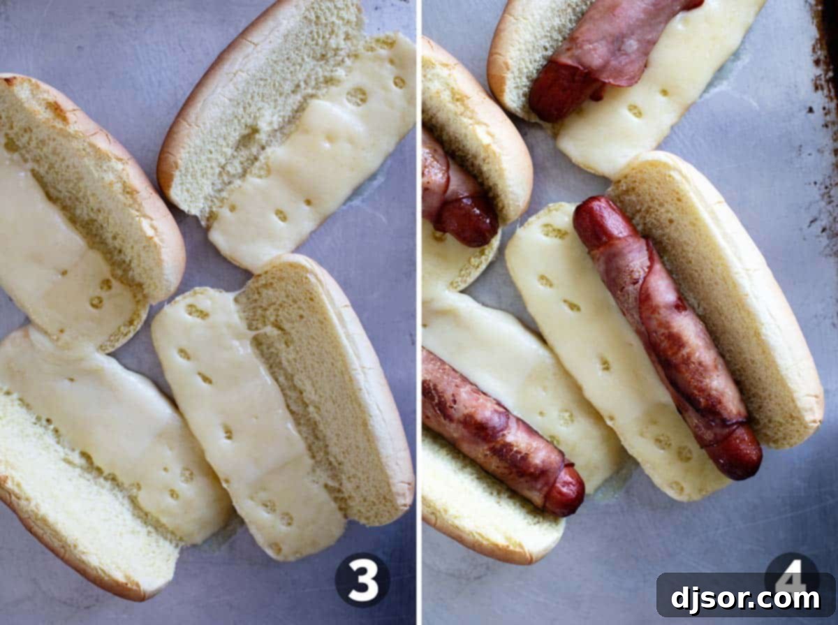 Havana Hot Dogs 5 Melting cheese on hot dog buns and adding ham wrapped hot dogs.