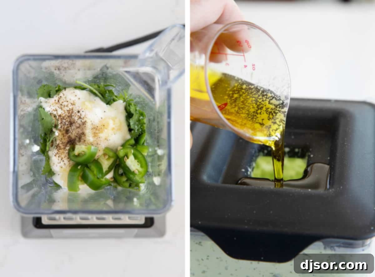 Making spicy cilantro salad dressing.