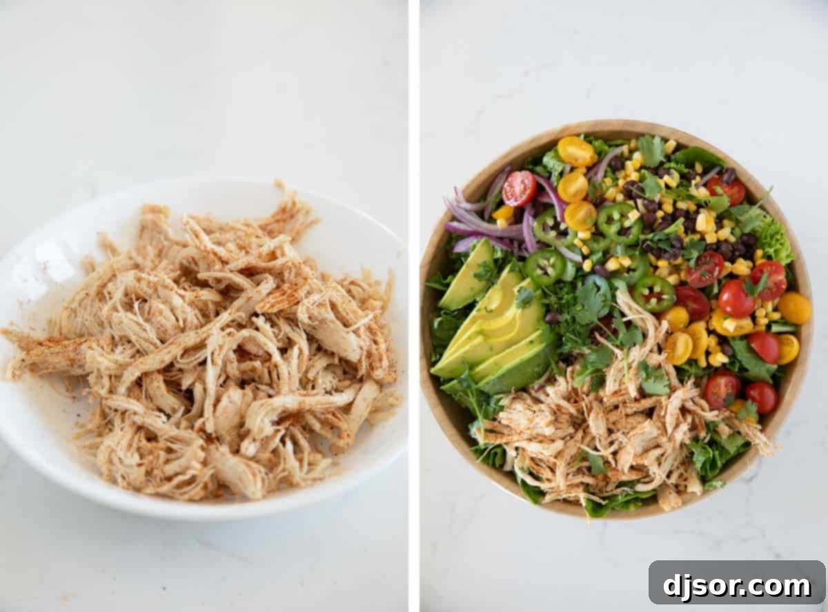 Prepping chicken and assembling a southwest chicken salad.